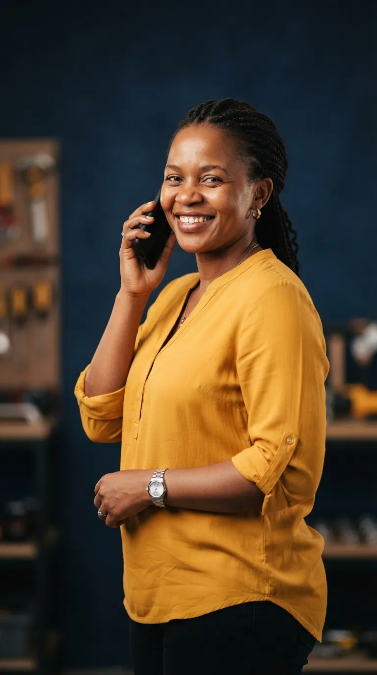 A receptionist smiling as she answers a call on her phone