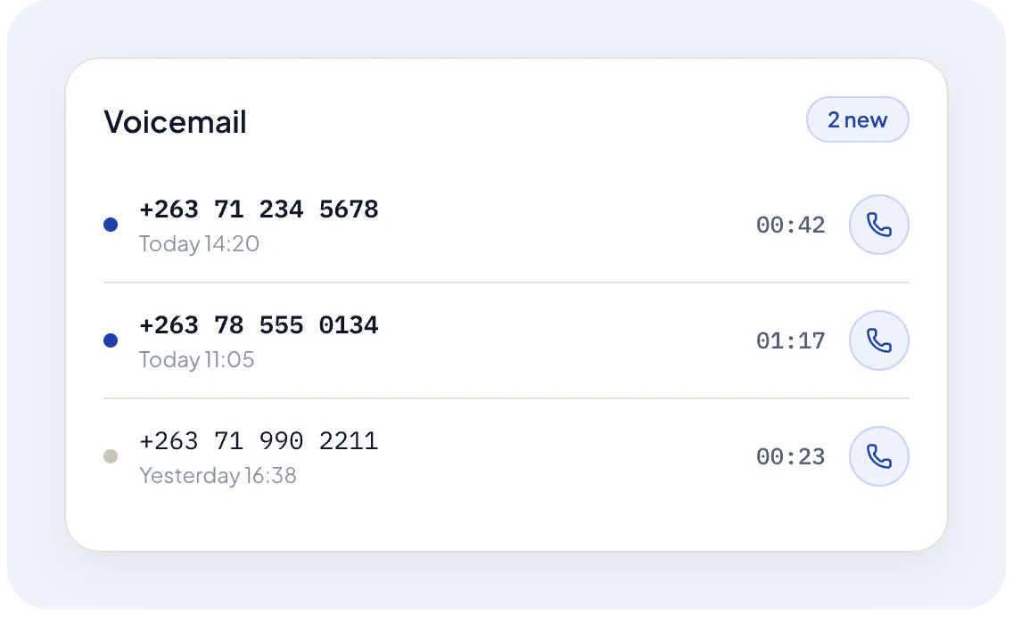 The voicemail list in the Ansa app, with unheard messages, their lengths and a call-back button